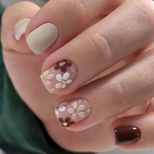 24Pcs Fall Fake Nails Short Press on Nails Square False Nails Autumn Winter Maillard Color Design Glue on Nails Cute Flower Acrylic Nails Petite Short Coffin Nails Brown Floral Stick on Nails for Girl