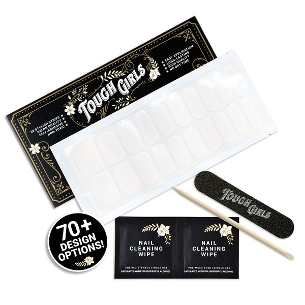 TOUGH GIRLS | Nail Polish Strips | 20 Stylish Strips | Brighter, Thicker, Tougher | Includes Cuticle Stick, Nail File, & Nail Wipes (White)