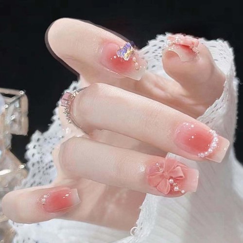 Gifiky Short Gradient False Nails Square Press on Nails Pearls Nails Tips Full Cover Butterfly Fake Nails for Women and Girls 24Pcs