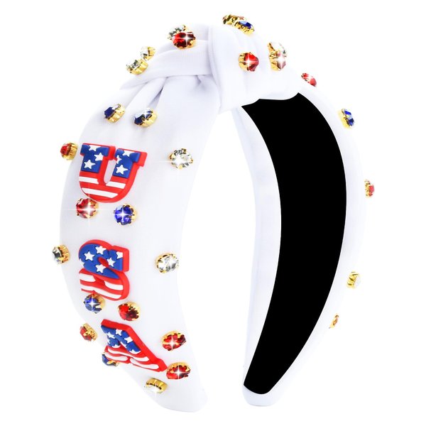 ABONDEVER 4th of July Headbands for Women Rhinestone Headband Patriotic Crystal Star Beaded Headbands American Flag Knotted Headband Fourth of July Hair Accessories Holiday Gifts(White-USA)