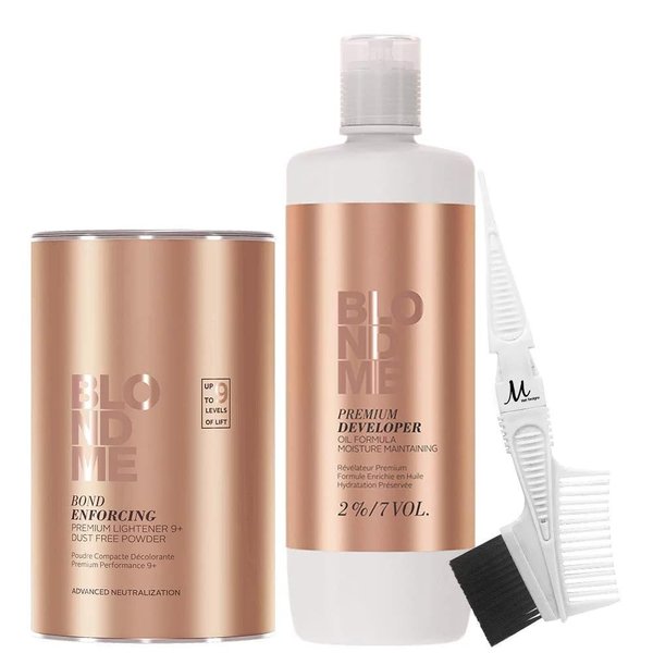 Blonde Me Bleach Powder and Developer | BlondeMe Lightener 9+ Premium Bleach 450 grams, Developer 2% / 7 Vol 1 Liter and M Hair Designs Tint Brush Comb (Bundle)