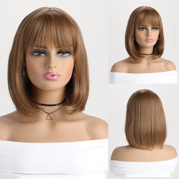 YuanYouTong Short Brown Bob Wig with Bangs Shoulder Length Wigs for Women Straight Hair Wig Natural Heat Resistant Synthetic Wig for Daily Cosplay Halloween Party Use