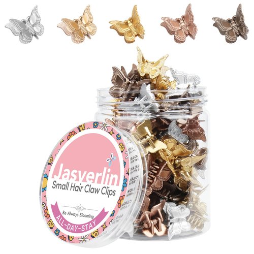JASVERLIN Mini Butterfly Hair Clips for Girls Kids Women - Y2K Small Tiny Cute Hair Accessories Non-slip Metallic Claws Clip - 90S Hair Clips Silver Gold Brown Color 50 pcs (Metallic Harmony)