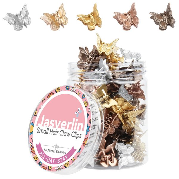 JASVERLIN Mini Butterfly Hair Clips for Girls Kids Women - Y2K Small Tiny Cute Hair Accessories Non-slip Metallic Claws Clip - 90S Hair Clips Silver Gold Brown Color 50 pcs (Metallic Harmony)