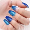 MISUD Medium Coffin Press on Nails, Blue Gradient Fake Nails, Glossy Glue on Nails, Glitter Artificial False Nails with Double Side Adhesive Tabs for Women & Girls (24pcs)