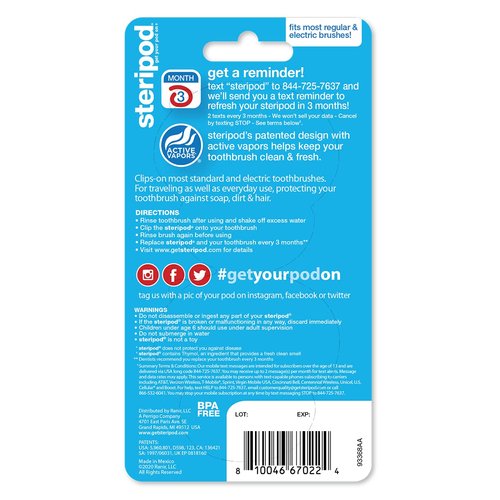 Steripod Clip-On Toothbrush Protector, Green and Blue, 2 Count