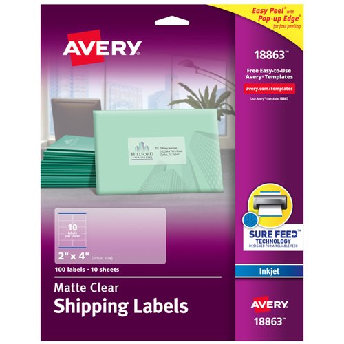 Avery Printable Shipping Labels with Sure Feed, 2" x 4", Matte Clear, 100 Blank Mailing Labels (18863)