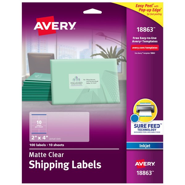 Avery Printable Shipping Labels with Sure Feed, 2" x 4", Matte Clear, 100 Blank Mailing Labels (18863)