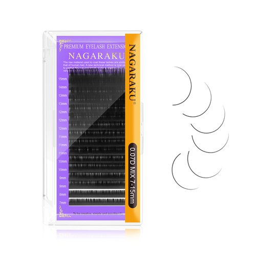 NAGARAKU Eyelash Extensions 0.07mm D curl 7-15mm Mix Tray Individual Lashes Classic Matte Black Faux Mink 16 Rows Professional Beauty Salon Supplies