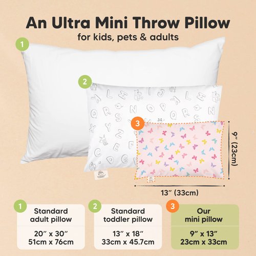 Mini Toddler Pillow with Pillowcase - 9x13 My Little Dreamy Mini Pillow, Organic Toddler Pillows for Sleeping, Kids Pillow, Small Pillows, Travel Pillows for Sleeping, Toddler Bed Pillows(Flutter)