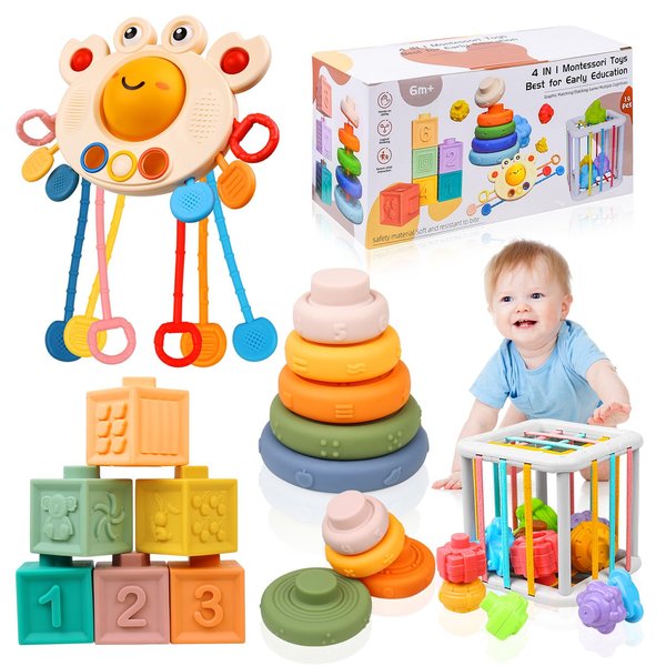 OUWANCH Montessori Toys for Babies 6-12 Months, 4 in 1 Montessori Baby Toys, Soft Baby Teething Toys, Stacking Building Blocks & Rings for Infants, Sensory Bin Toys