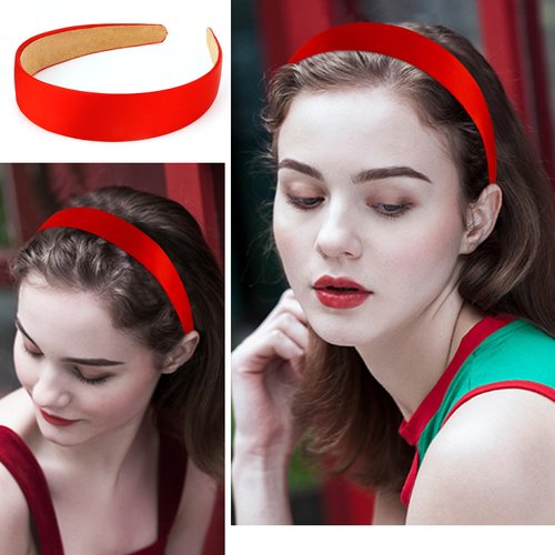 Atoden Satin Red Headbands for Women Girls 1.18 Inch Wide Thin Hard Headbands Non Slip Ribbon Hair Bands Plain Headbands for Crafts DIY Costume Holiday Christmas Gifts Hair Accessories