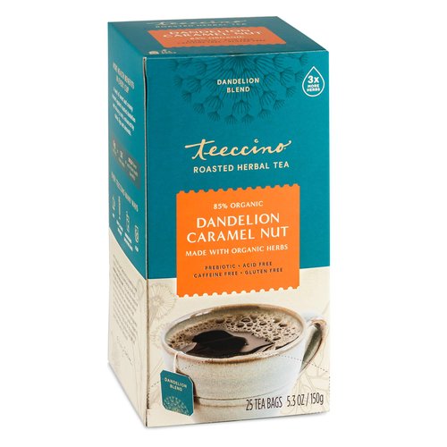 Teeccino Dandelion Caramel Nut Tea - Caffeine Free, Roasted Herbal Tea with Prebiotics, 3x More Herbs than Regular Tea Bags, Gluten Free - 25 Tea Bags