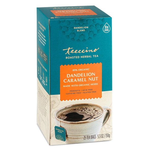 Teeccino Dandelion Caramel Nut Tea - Caffeine Free, Roasted Herbal Tea with Prebiotics, 3x More Herbs than Regular Tea Bags, Gluten Free - 25 Tea Bags