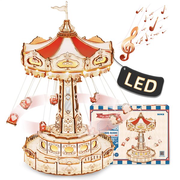 ROKR 3D Puzzles for Adults-STEM Projects for Kids-LED Swing Ride Model Building Kit-Music Box DIY Kit-Gift for Kids and Adults