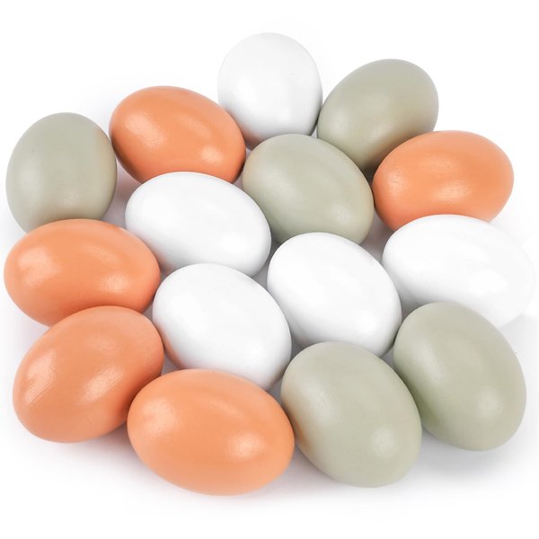 POPLAY 15PCS Wooden Fake Eggs, 3 Colors Wooden Chicken Eggs Faux Eggs for DIY Crafts Egg Painting Chicken Coop
