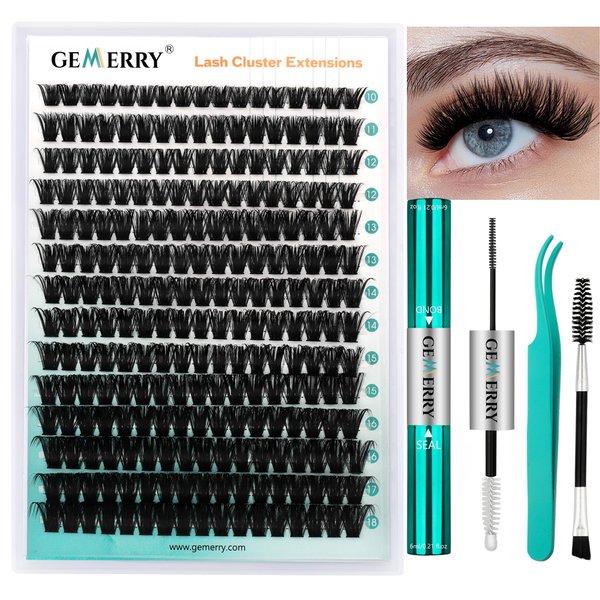 GEMERRY Lash Extension Kit Thick Lash Clusters Kit Fluffy Eyelash Clusters 280Pcs D Curl Eyelash Extension Kit With Lash Bond and Seal, Lash Tweezers, DIY Lash Extension Kit(80P-10-18mm)