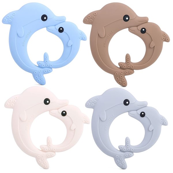 Teething Teether Toys for Babies 0-6, 6-12 Months, 4 Packs Gift Aitoustone Soft Dolphin BPA Free Teething Toy for Baby, Chewing Relief Toys with Easy to Hold Handles