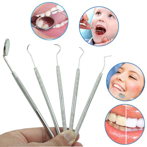 Dental Tools Set - Professional Stainless Steel Krisp Beauty 5 Pc Dental Pick Tartar Remover Plaque Scraper Probe Scaler Mouth Mirror Oral Hygiene Care Dentist Teeth Cleaning Kit for Adults