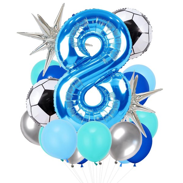 Soccer Balloons 8th Birthday Decorations for Boy, 40in Blue Number Balloons Birthday Party Decorations World Cup Soccer Sports Theme Party Supplies Soccer Birthday Party Decorations