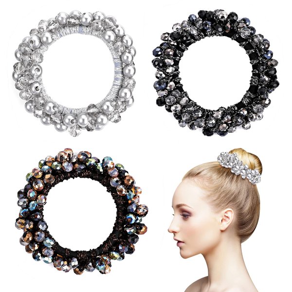 Lusofie 3Pcs Rhinestone Hair Ties Crystal Hair Ties Elastic Hair Scrunchies Pearl Hair Ropes Bead Ponytail Holders Hair Accessories for Women and Girls
