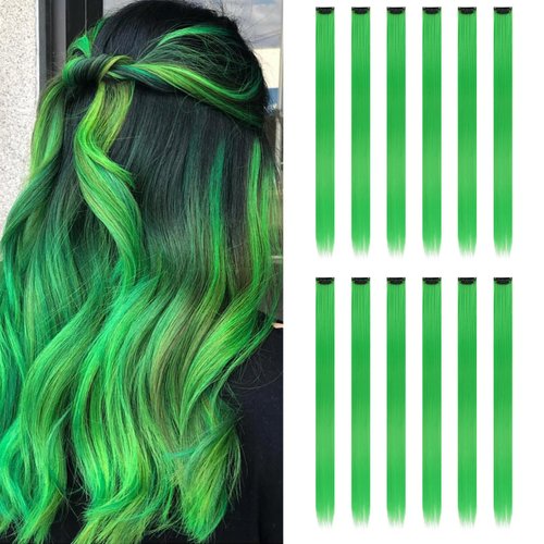 YISIKUNNUO 12PCS Colored Green Hair Extensions Party Highlights Colorful Clip in Hair Extensions 22 Inch Straight Synthetic Hairpieces for Women Kids Girls Halloween Christmas Cosplay(Emerald Green)