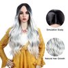 28" Natural Full Wigs Hair Long Wavy Wig Synthetic Heat Resistant Ombre Silver Gray Full Curly Wig with Free Wig Cap for Women Girls Party Cosplay Halloween Costume Accessories (Silver Grey)