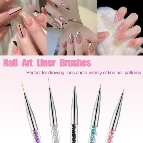 AIBEE Nail Art Brushes, 5pcs Nail Liner Brushes Double-Ended Acrylic Nail Brush 5/7/10/12/15mm Nail Art Striping Brushes and Nail Dotting Pens for French Nail Tip