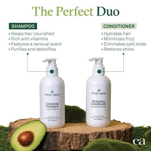 EVA + AVO Shampoo and Conditioner Set – Cleansing Shampoo and Hydrating Conditioner with Avocado Oil and Wild Rosemary for All Hair Types – 8 Fl Oz