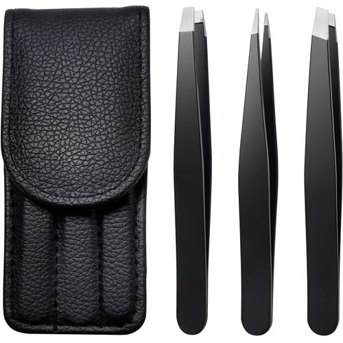 TOPMEET Eyebrow Tweezers Set,Stainless Steel Precision Remover Kit for Facial Hair, Inward Growing Hair and Splinter,Suitable for Women, Men (Black)