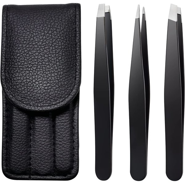 TOPMEET Eyebrow Tweezers Set,Stainless Steel Precision Remover Kit for Facial Hair, Inward Growing Hair and Splinter,Suitable for Women, Men (Black)