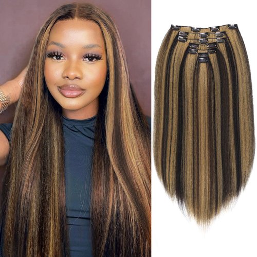 FANCEE Kinky Straight Clip in Hair Extensions for Black Women Full Head Yaki Straight Clip Ins Synthetic Hair Extensions (14 inch, Black Mixed Blonde)