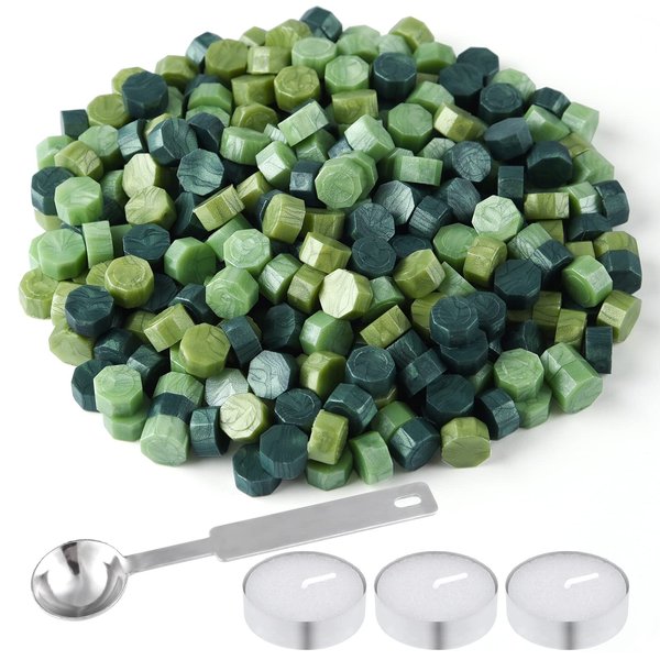 FEPITO 300 Pcs Octagon Sealing Wax Beads with 3 Pcs Tea Candles and 1 Pcs Wax Melting Spoon for Wax Stamp Sealing (Green Mix)