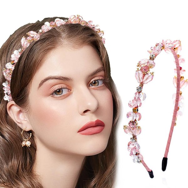 Coridy Pink Rhinestones Headbands for Women Girl Crystal Beaded Hairbands Baroque Thin Hair Hoops Bejeweled Headband for Women’s Hair (pink)