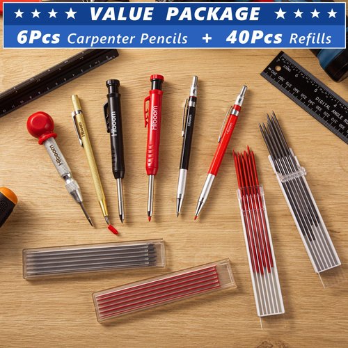 Hiboom Carpenter Pencils with Center Punch, Deep Hole Marking Pencile Mechanical with Built-in Sharpener, Carbide Scribe Tool Woodworking Pencils with 40 Refills Red Gray, for Architect Carpenter