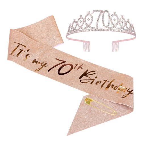 JasperKino 70th Birthday Sash and Tiara Set Rose Gold Birthday Sash Crown Birthday Party Favors Supplies for Girls Birthday Party