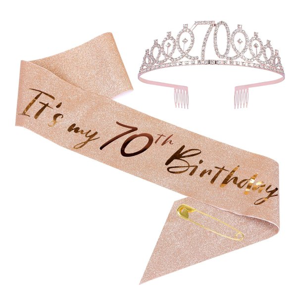 JasperKino 70th Birthday Sash and Tiara Set Rose Gold Birthday Sash Crown Birthday Party Favors Supplies for Girls Birthday Party