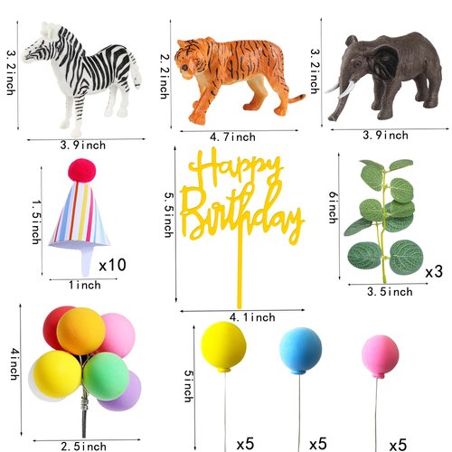 Safari Animal Cake Toppers with Mini Birthday Party Hat Color Balls Cake Decorations for Jungle Wild Themed Baby Shower Birthday Party Supplies