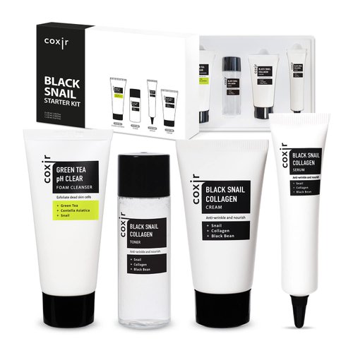 [coxir] BLACK SNAIL COLLAGEN STARTER KIT [3.19 fl.oz (Pack of 1)] FOAM CLEANSER+TONER+SERUM+CREAM | Black-3-Complex: Black Rice, Bean, Sesame, Snail Mucin, Collagen l Repairing&Firming