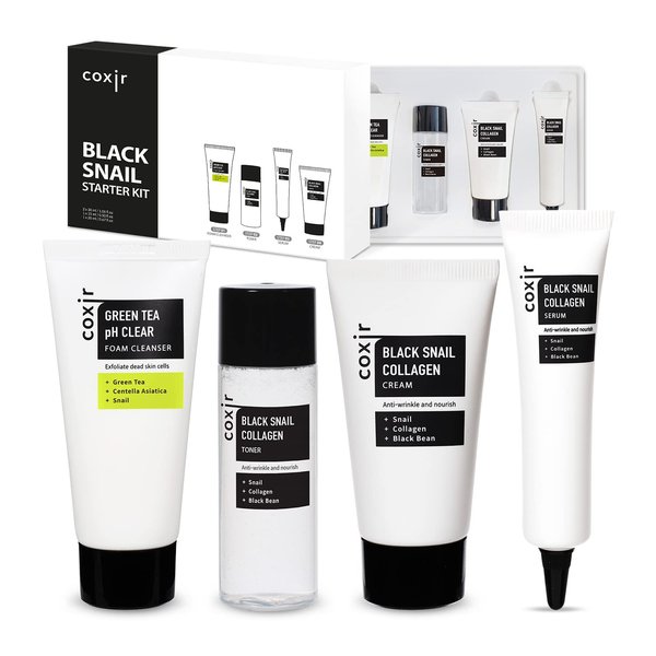 [coxir] BLACK SNAIL COLLAGEN STARTER KIT [3.19 fl.oz (Pack of 1)] FOAM CLEANSER+TONER+SERUM+CREAM | Black-3-Complex: Black Rice, Bean, Sesame, Snail Mucin, Collagen l Repairing&Firming
