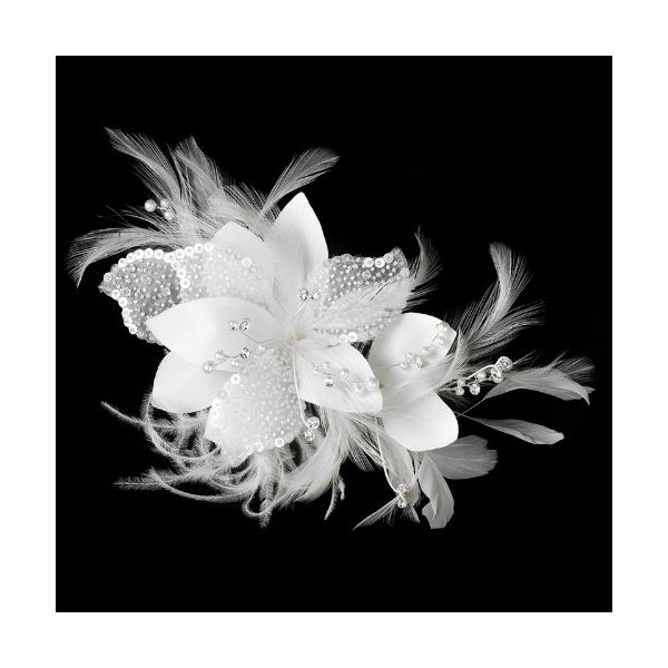 Tahlia Sequins & Bugle Beads Comb/Clip Ivory Wedding Bridal Feather Fascinator