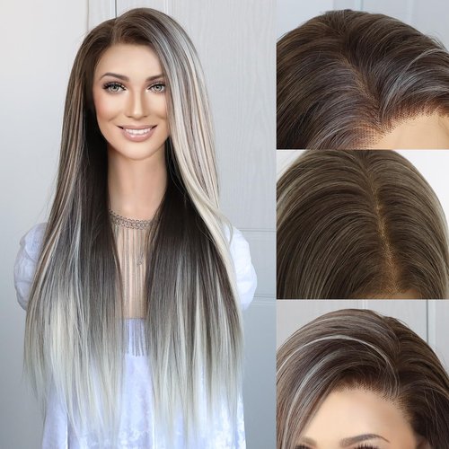 K'ryssma 13x6 Wig Highlight Ombre Brown and Platinum Blonde Synthetic Lace Front Wigs for Women with 6 Inch Deep Part Glueless Long Straight 13x6 Lace Front Wig Pre Plucked 24 Inches