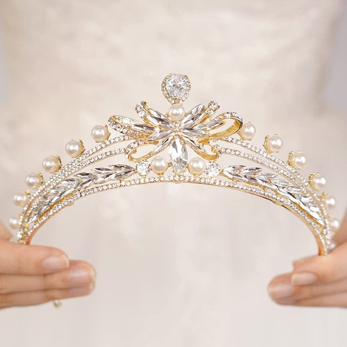 JWICOS Gold Pearl Tiara Crown for Women Crystal Headband Headpiece Princesss Crown Tiara for Brides Bridal Wedding Tiara for Prom Pageant Gift (Gold)