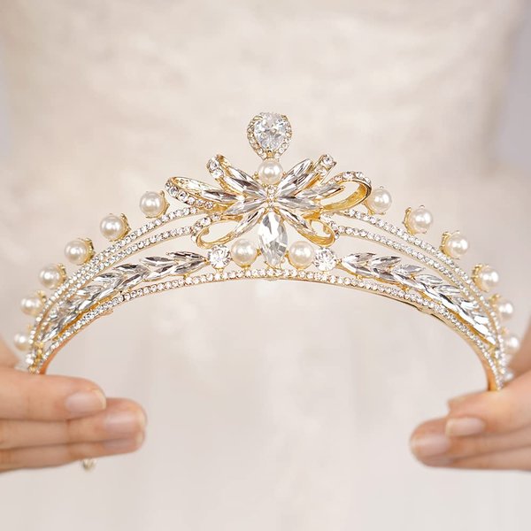 JWICOS Gold Pearl Tiara Crown for Women Crystal Headband Headpiece Princesss Crown Tiara for Brides Bridal Wedding Tiara for Prom Pageant Gift (Gold)