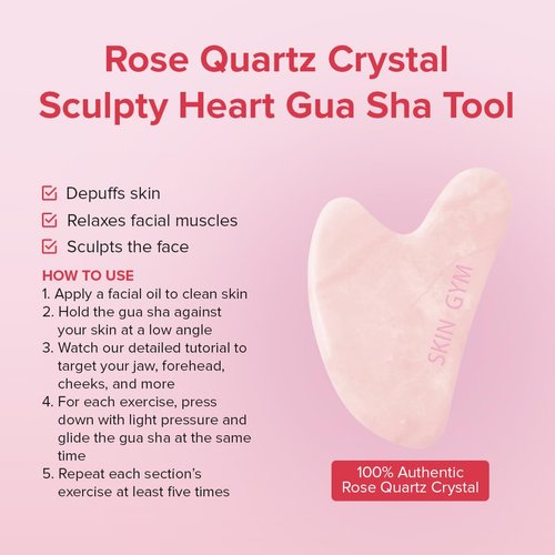 Skin Gym Rose Quartz Sculpty Heart Gua Sha Face Massager for Under Eye Bags, Puffy Eyes and Fine Lines Anti-Aging Face Lift Skin Care Beauty Tool