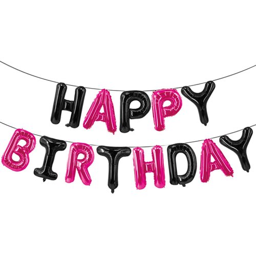 Happy Birthday Balloons Banner Black & Hot Pink 16 Inch for Kids and Adults Birthday Party Decorations Supplies