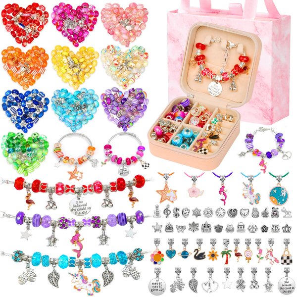 Thrilez 177Pcs Girls Jewelry Making Kit, Charm Bracelet Making Kit for Teens, DIY Arts and Crafts Gifts with Jewelry Organizer Box for Birthday, Christmas, Necklace Making Set for Girls