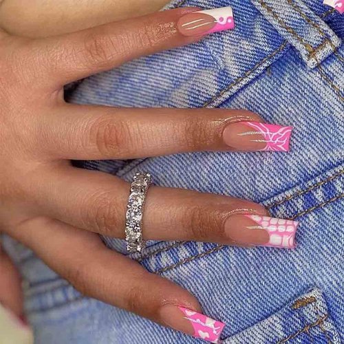 Enppode French Tip Press on Nails Long Fake Nail Pink Stick on Nails Coffin Nails for Women 24 PCS/Set