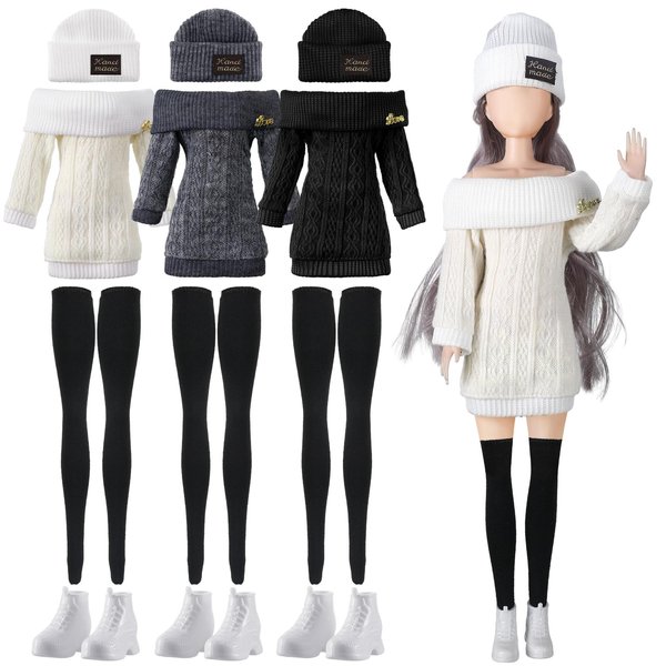 Geyoga 3 Set 12 Pcs Winter Doll Clothes and Accessories Doll Suit Doll Pants Shoes Winter Sweater Outfits, Dolls are Not Included(White, Black, Gray,12 Inch)
