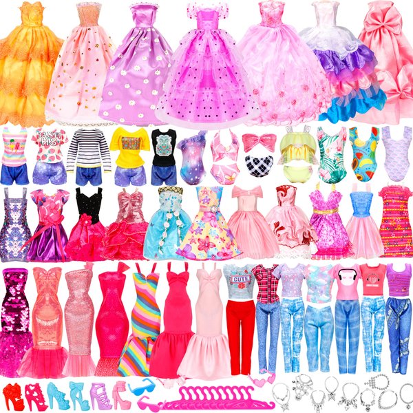 46 Pcs Doll Clothes and Accessories Kit, Including 2 Princess Gowns 4 Fashion Dresses 2 Tops 2 Pants 2 Bikini Swimsuits 10 Shoes 10 Hangers 15 Jewelry Accessories for 11"-12" Dolls